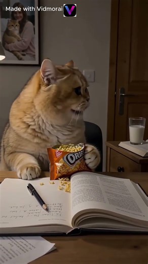 The cat is eating snacks while doing homework. 🐱📚🍪 #dance #dog #funnyanimals #fuuny #cat #doglove