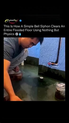 ex pounds on Instagram: "It looks like a simple trick, but this is actually one of the smartest fluid-physics hacks ever discovered A bell siphon works by using water pressure and trapped air to create a self-sustaining vacuum. Once the water level rises high enough, air is sealed under the "bell," causing a rapid suction effect that pulls water through the pipe automatically. The moment the flow begins, the siphon drains the entire room without electricity, pumps, or moving parts. When air fina