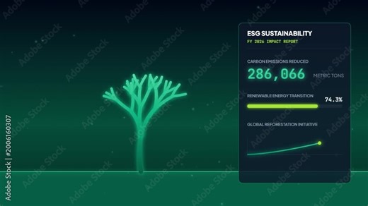 ESG Sustainability Impact Report Dashboard Animation with Growing Digital Tree and Carbon Emission Data Visualization