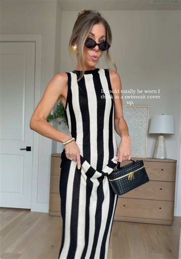 A favorite new Amazon find I haven’t seen anywhere else 😍 this chic knit maxi dress in bold black and cream stripes. LOVE! Would you wear for dinner like me or as a swim coverup? #amazonfinds #amazonfashionfinds #maxidress #vacationoutfits