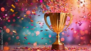 Golden trophy cup and colorful confetti falling, first place trophy award cup, success win