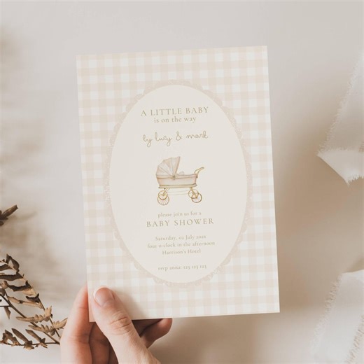 Baby Carriage Gender Neutral Baby Shower Invitation: Beige Stroller, Gingham (editable Template) - Etsy