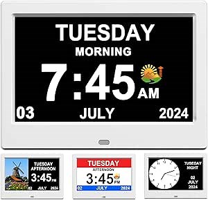 Alarm Clock with Day and Date for Elderly Digital Calendar Clock Photo Frame- Auto Dimmable Display 15 Alarm Options (7inch White)