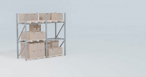 Forklift lifts crates into shelves. 3d animation.