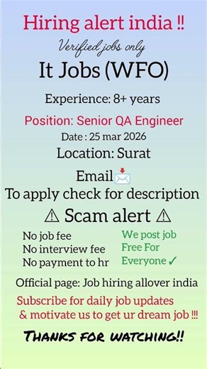 Hiring for Senior QA Engineer#hiring #freshjobs #youtubeshorts #job #viralvideo #youtube