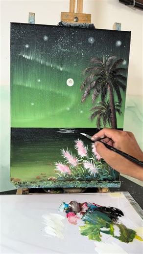 Easy Acrylic Painting of a Coconut Tree at Night