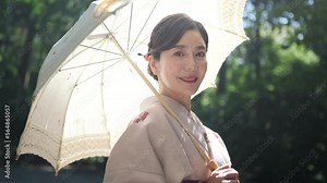 日傘をさした着物姿の美しい女性