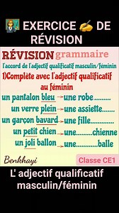 13K views · 198 reactions | Grammaire ‍ l'accord de l'adjectif qualificatif masculin/féminin Exercice ✍de révision | Apprendre le français pas à pas avec Kady | Facebook