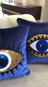 Throw Pillow Set - Evil Eye Throw Pillows - Midnight Blue Accent Pillows - Home Decor Velvet Cushions - Amulet Protection Against Misfortune