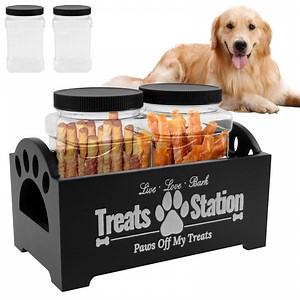 NUAHRHY Wood Cat Dog Food Treat Storage Container Organizer with 2 Plastic Dog Treat Containers Jars Reusable Decorative Holder 9.06x5.12x4.92" Black - Walmart.com