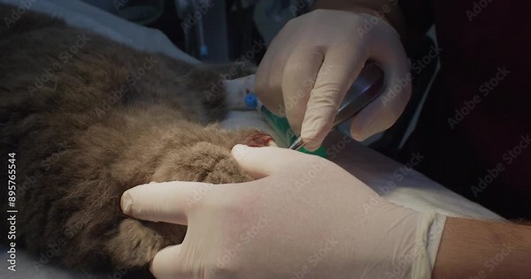 A veterinary dentist removes a rotten tooth from an old cat under anesthesia. A cat with a tooth root abscess was brought to the veterinary clinic. The doctor performs a tooth extraction.