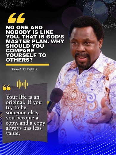 YOU ARE ORIGINAL, GOD'S MASTER PLAN - TB JOSHUA #TBJOSHUALEGACY You are the original, the master copy so stop comparing yourself. #tbjoshualegacy #tbjoshuaofficial #inspiration #emmanueltv #tbjoshualegacyliveson #scoan #thescoan #latest Afrobeats