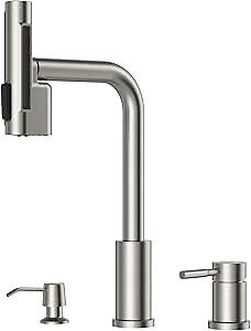 3 Hole Kitchen Faucet, Multi-Function Waterfall Kitchen Faucet with Soap Dispenser and Pull Down Sprayer, Stainless Steel 3 Pieces Sink Faucets with Separate Handle, Brushed Nickel