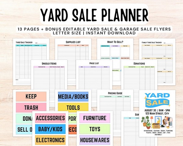 13-page Yard Sale Planner Printable Bundle | Garage Sale Checklist & Organizer | Bonus Editable Flyer | Pricing, Tracker Sheets | Box Labels - Etsy