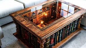 Inside this coffee table: A tiny wizard library! 🪄