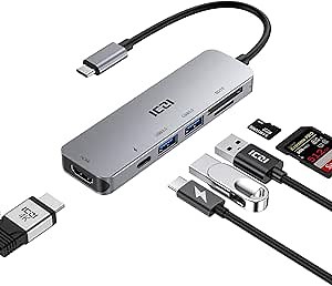 USB C Hub Multiport Adapter, ICZI 6 in 1 USB Type C Dongle with PD Charging Port, 4K HDMI, SD TF Card Reader, 2 USB Port Compatible for MacBook