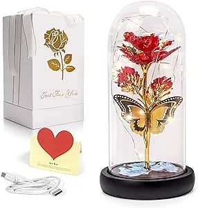 Galaxy Rose Flower Gift for Women, Glass Rose Flower Gift Mother, Beauty and The Beast Rose in Glass Dome, Led Light Up Enchanted Rose for Mom, Forever Rose Butterfly Gifts for Her