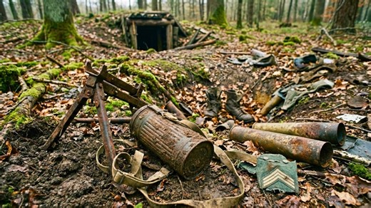 German gas mask gear and MG tripod found at abandoned WWII position