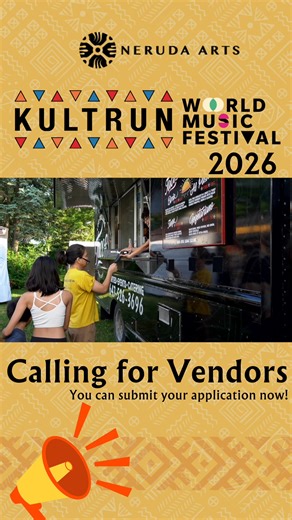 📣 Vendor Opportunity! Join us and be part of Kultrun World Music Festival 2026! We are calling for vendors to participate in Neruda Arts’ signature event This festival is a free, family-friendly event that attracts both visitors and residents alike. The purpose of the festival is to bring together top talent from both around the world and locally, and celebrate diversity. The dates of the festival are detailed in the application Link to apply https://tinyurl.com/Kultrun-2026-vendor-form spots a
