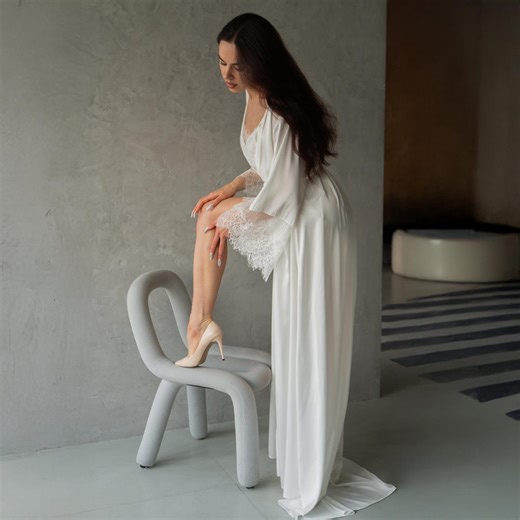 Ivory Silk Robe, Long Lace Sleeve Kimono, Bridal Lingerie - Etsy