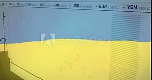 Currency exchange rates and financial data animation over economic charts and graphs