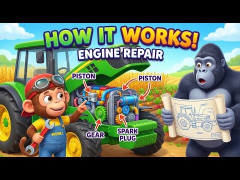 How a Tractor Works! 🚜 Monkey Mechanic Engine Repair & Farm Harvest - Educational Video for Kids