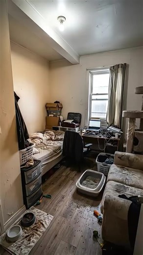 Cat-friendly micro-studio glow-up: loft bed, stair-drawers, floating desk, hidden litter cabinet.