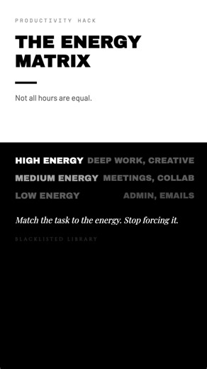 Productivity Hack The Energy Matrix Not all hours are equal. High energy → Deep work, creative tasks Medium energy → Meetings, collaboration Low energy → Admin, emails, routine Match the task to the energy. Stop forcing it. #energy #productivity