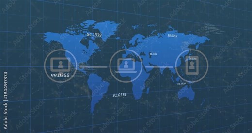 Global map showing three network nodes activating from live data, linking via rings, updating HUD