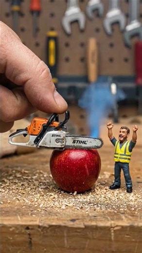 This tiny Stihl chainsaw cutting a mini apple #ai #aishorts #aivideo #tools #youtubeshorts #trending