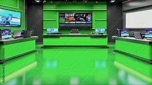 Virtual TV Studio Set. Green screen background. 3d Rendering. Virtual set studio for chroma footage. wherever you want it, With a simple setup, a few square feet of space, and Virtual Set. Stock Video