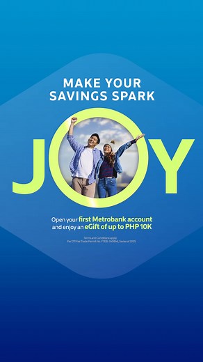 Save more for what sparks joy and get rewarded! Open your first Metrobank deposit account and get an eGift of up to PHP 10,000. Register to the Spark Joy promo now!​ ​ Simply follow these steps:​ 1️⃣ If you’re a new client, open an eSavings account via the Metrobank App or a Metrobank account at any of our branches. ​ ​ 2️⃣ Register via the Spark Joy Giftaway portal at http://gft.ph/metrobanksparkjoy using your Metrobank-registered mobile number. ​ ​ Note: New deposit clients must register withi
