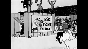 Circa 1930 - in this animated film, animal crowds pour into a stadium to watch a boxing match between a dog and a bear.