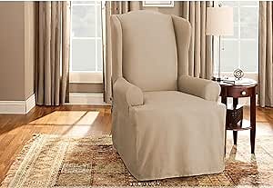 SureFit Cotton Duck Wingback Chair One Piece Slipcover, Chair Cover, Relaxed Woven Fit, 100% Cotton, Machine Washable, Tan