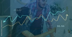 Woman clicking mouse initiating analytics waveforms overlay, both spotting spike and cheering peaks