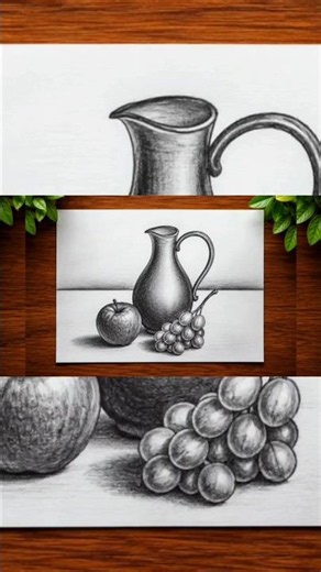 Realistic Still Life Pencil Drawing | Jug, Apple & Grapes Sketch Tutorial |#shorts
