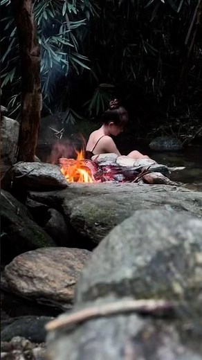 Forest Girl Bathing in Stream – Natural Sounds and Campfire Serenity