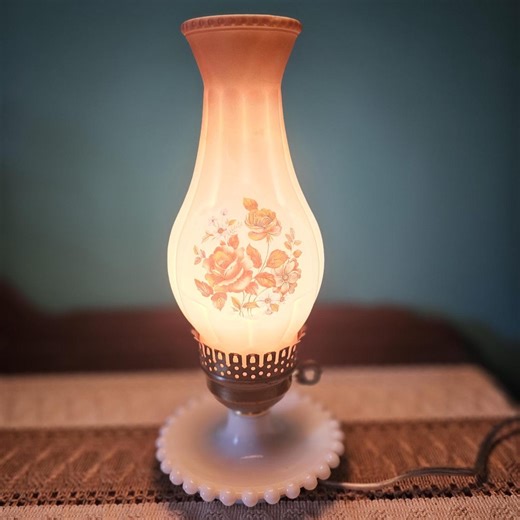 Vintage White Milk Glass With Floral Hurricane Shade Lamp - Etsy