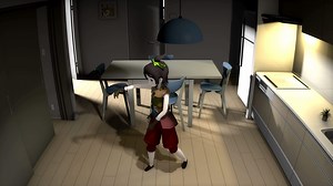 Cute game like character dancing in a house