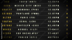 Travel Background With Airport Departure Board/ Animation of an airport departure board with flight, destination, time and decoding text