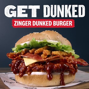 28K views · 944 reactions | Introducing the ALL NEW Dunked Burger! We’re talking a Zinger fillet not drizzled, but straight slam dunked into BBQ Hot Sauce! Who’s in? | KFC | Facebook