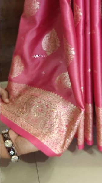 Beautiful Pink Silk Saree with Zari & Golden Stone Work Soft Fabric Party Wear ✨