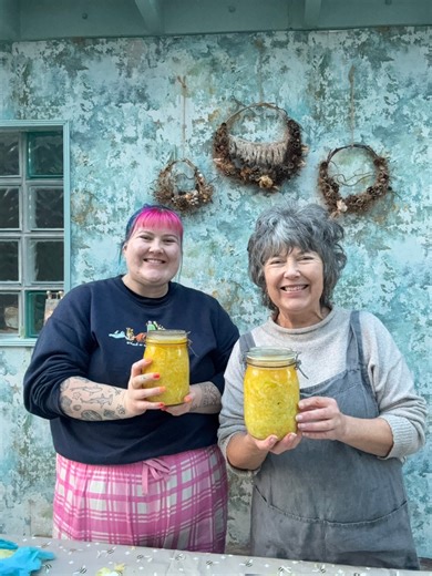 So here is the recipe for a 1 litre jar Ingredients 1 white cabbage, finely sliced (roughly 1kg) 1/2 fresh pineapple, peeled and diced small 2% weight of cabbage plus pineapple in fine salt 1 tablespoon finely zested ginger 1 teaspoon turmeric powder OR 1 tablespoon freshly zested turmeric a good grinding of freshly ground black pepper Method Reserve one of the outer cabbage leaves to use as a wee lid Shred the cabbage finely & weigh it Weigh the diced pineapple separately Add the weights of cab