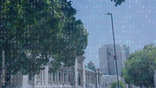 Binary overlay starting frame one, scrolling and shifting over classical building showing data flow