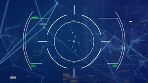 Animation of network of connections with icons and scope scanning over data processing. global connections and data processing concept digitally generated video.