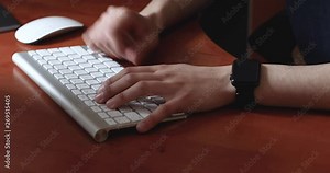 Close up man hands typing on keybord in office online pc communication electronics fingers keypad male workplace casual close data desktop background business computer design internet technology