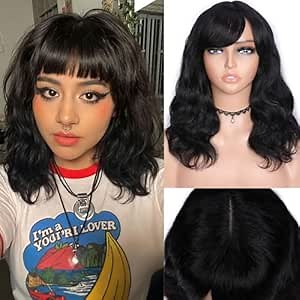 Fancy Hair Natural Wavy Human Hair Wig with Bangs Glueless Body Wave Brazilian Virgin Human Hair Wigs with Bangs for Black Women Natural Black 16 inches