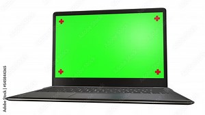 Laptop computer showing green chroma key screen stands. Chroma key stands on a white background, isolate