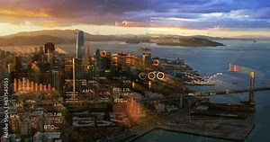 Holographic Financial Charts and Graphs over Aerial View of San Francisco Financial District. Illustrating SF Stock and Financial Growth Value Going up.