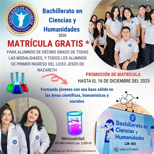 🔬✨ Forma parte de nuestro Bachillerato en Ciencias y Humanidades ✨ En el Liceo Jesús de Nazareth, te ofrecemos una formación integral que combina el pensamiento científico con la reflexión crítica, la investigación, la creatividad, la comunicación y los valores éticos. 📚A través de un plan de estudios equilibrado, nuestros alumnos desarrollan habilidades en matemáticas, biología, física, química filosofía, historia, inglés y otras asignaturas que fortalecen su razonamiento lógico, su pensamien
